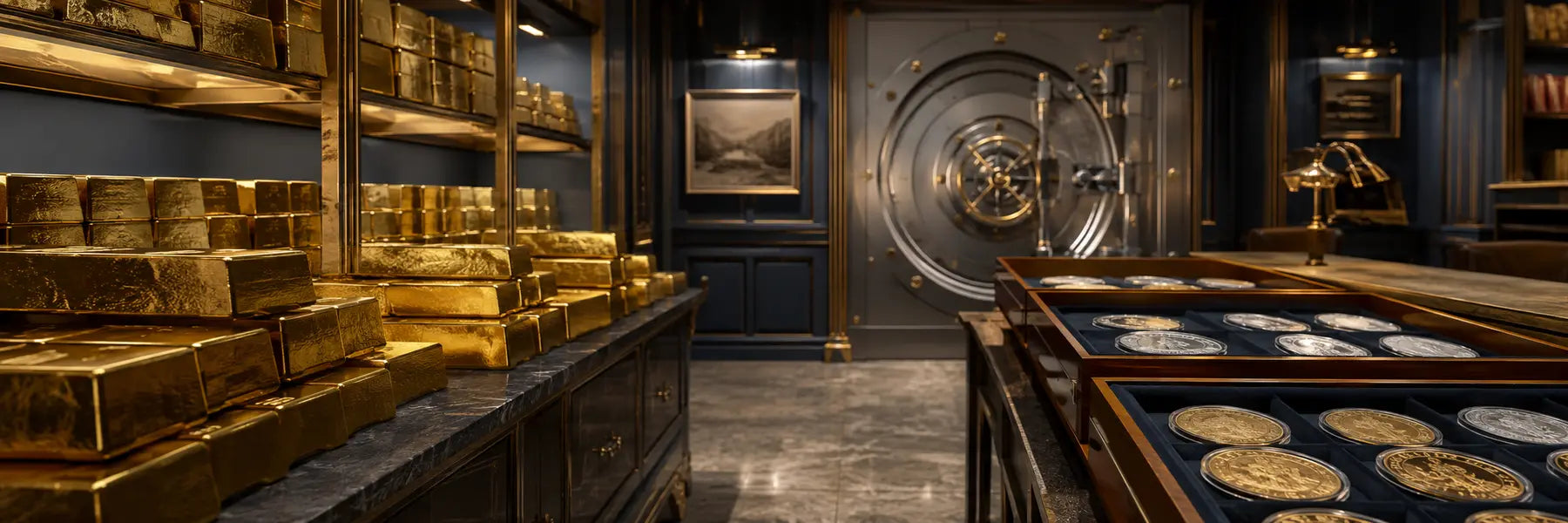 Gold bars and collectible coins arranged in a secure private vault